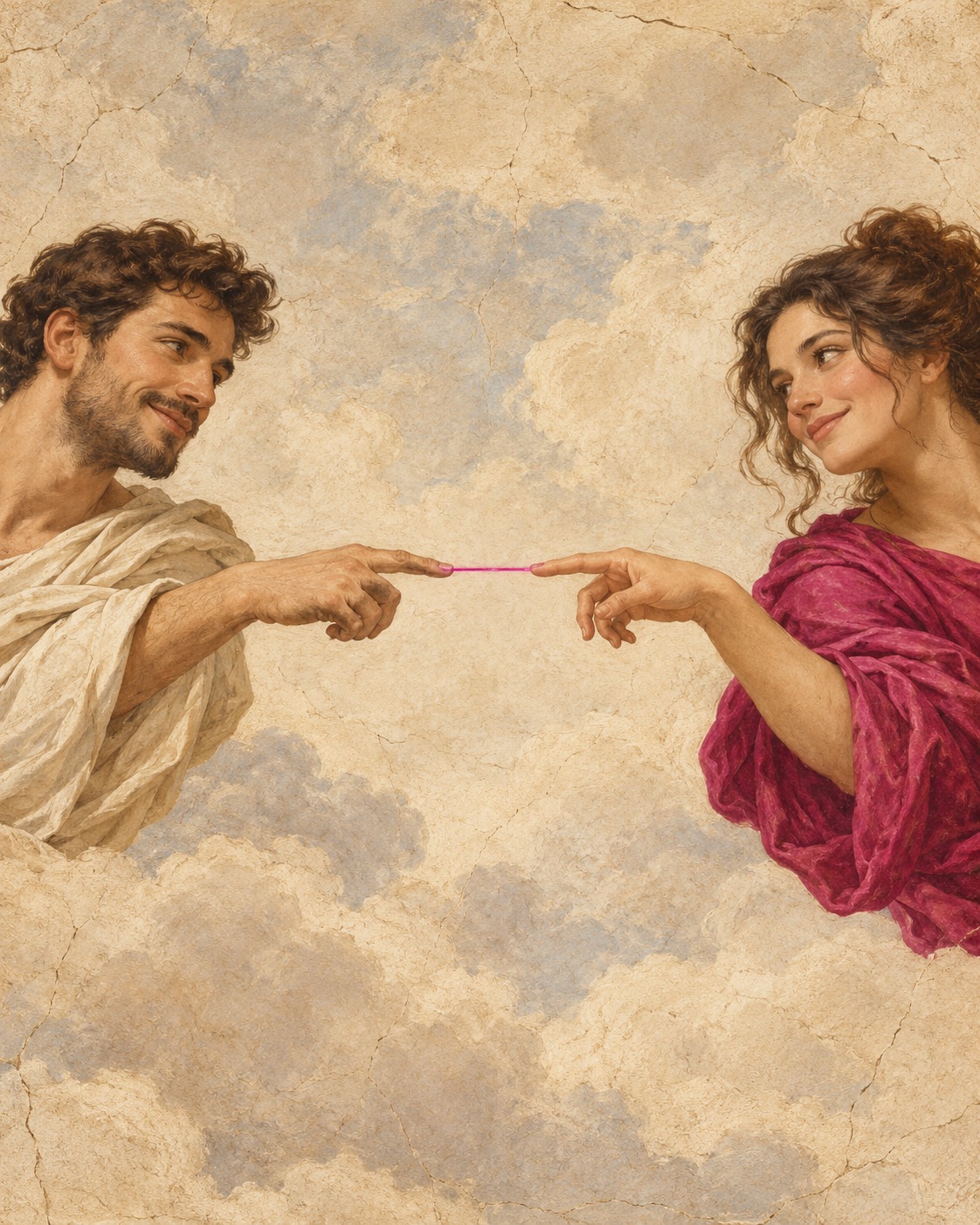 Ενδεικτική fresco απόδοση δύο σύγχρονων προσώπων με την εμβληματική χειρονομία από τη Δημιουργία του Αδάμ